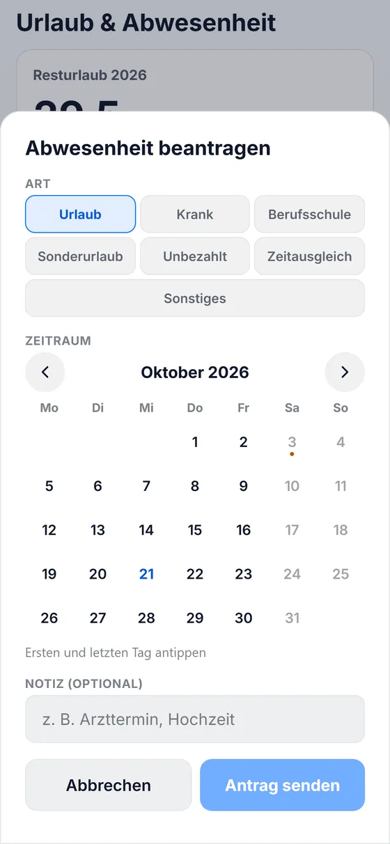App: Abwesenheit beantragen mit Art, Kalender und Notiz