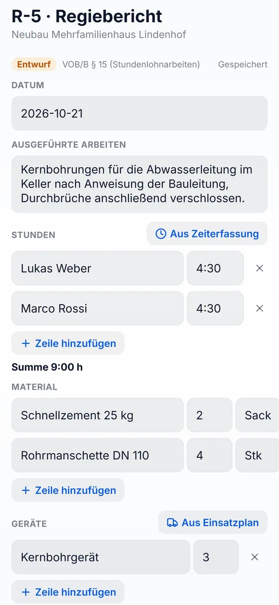 App: Regiebericht mit Arbeiten, Stunden aus der Zeiterfassung, Material und Geräten