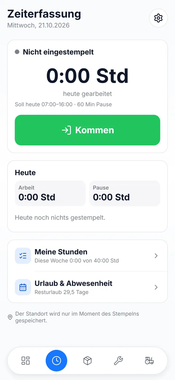 App: Zeiterfassung mit Knopf „Kommen“, heutigem Stand, Meine Stunden und Urlaub & Abwesenheit