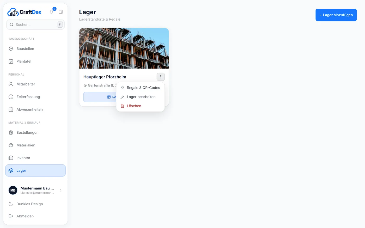 Lager mit Menü „Regale & QR-Codes“