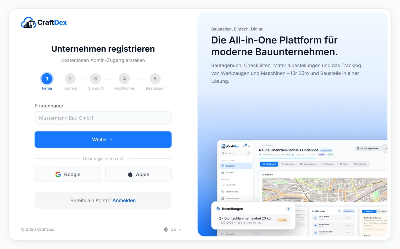 Registrierung bei CraftDex mit den Schritten Firma, Kontakt, Standort, Rechtliches und Bestätigen