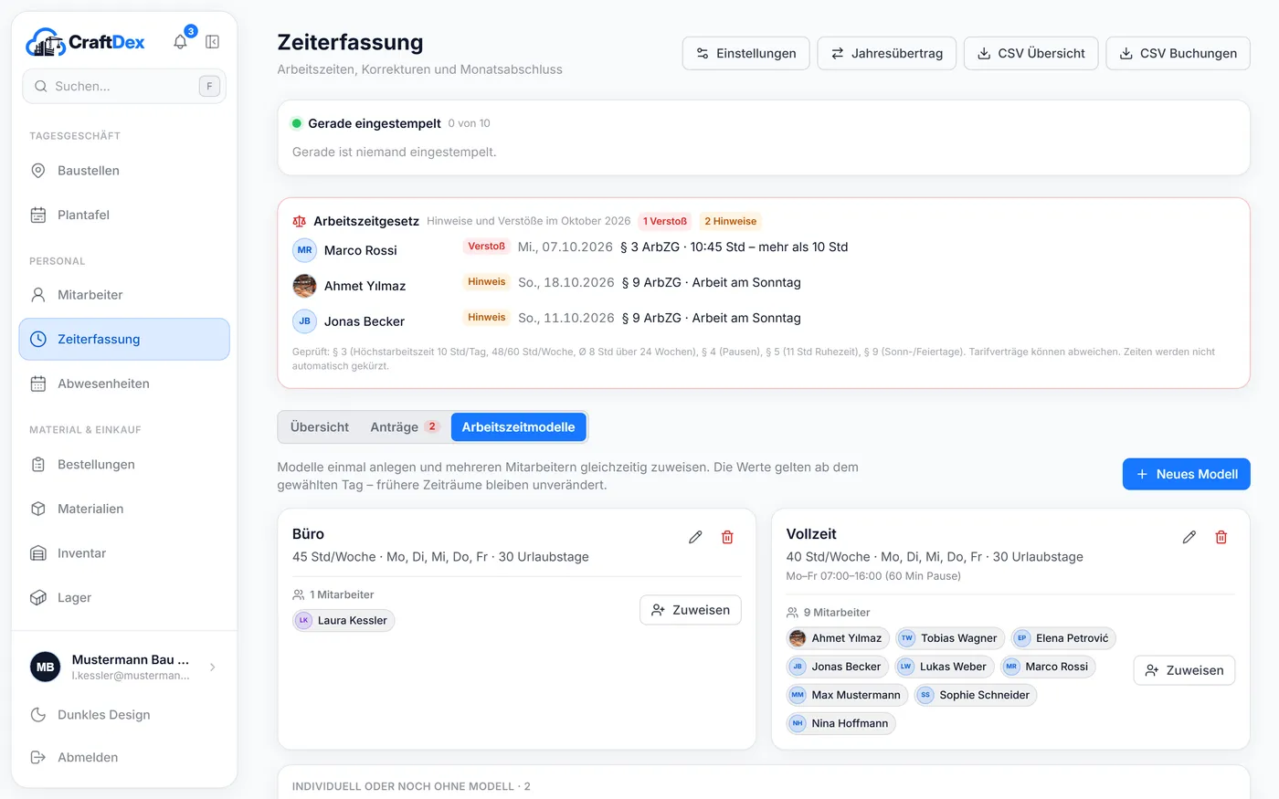 Arbeitszeitmodelle „Büro“ und „Vollzeit“ mit zugewiesenen Mitarbeitern