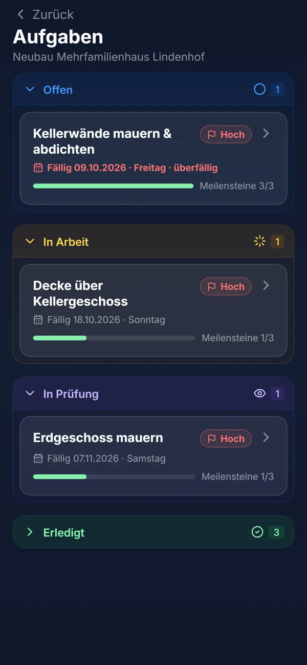 App: eigene Aufgaben nach Status gruppiert