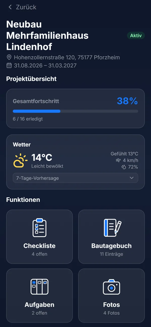 App: Baustellenübersicht mit Fortschritt, Wetter und Funktionen