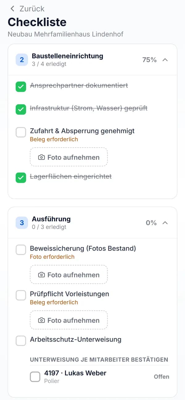 App: Checkliste mit Phasen, Belegen und Unterweisung