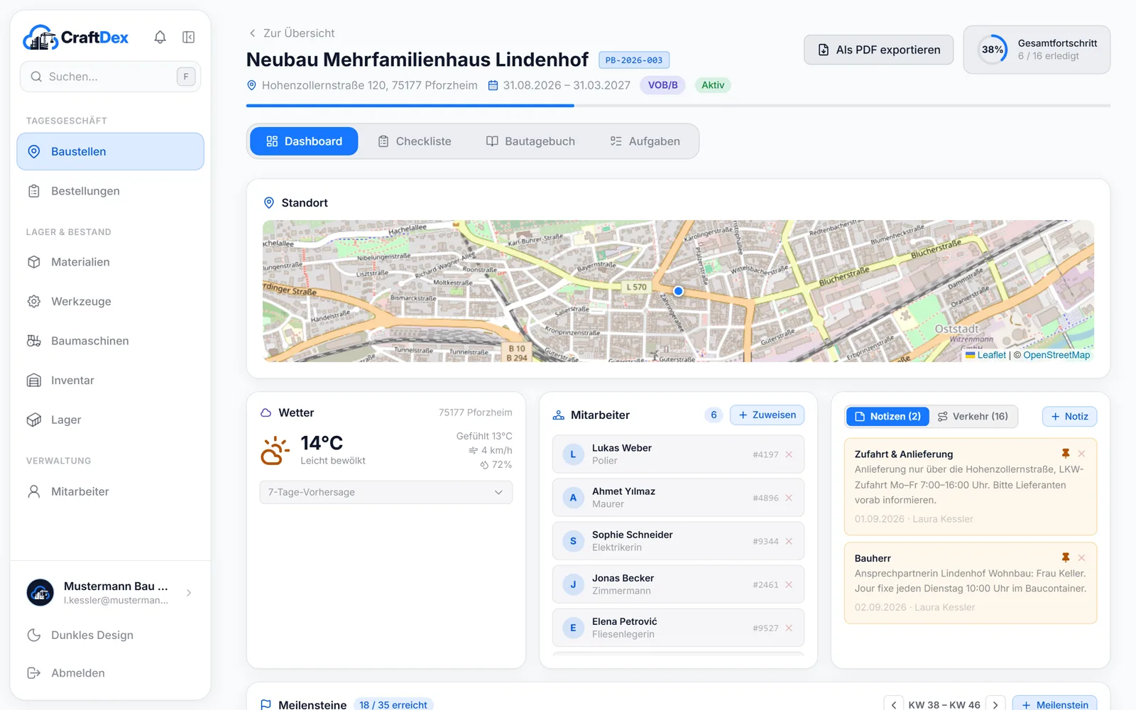 Baustellen-Dashboard mit Karte, Wetter, Team und Notizen